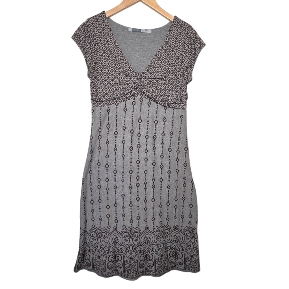 Athleta Womens Knit Dress Gray Brown Batik Print SZ Med Tall Casual Everyday
